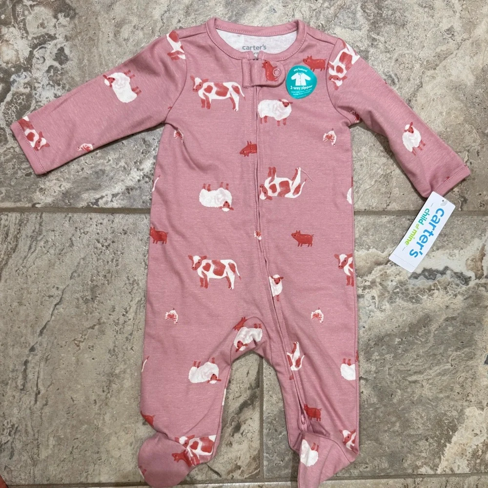 NWT size 0-3 months Carter's Pink Footies with Animal Print